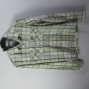 Superdry Shirt Mens Outdoor Utility Button Up Green White Plaid Long Sleeve Sz L